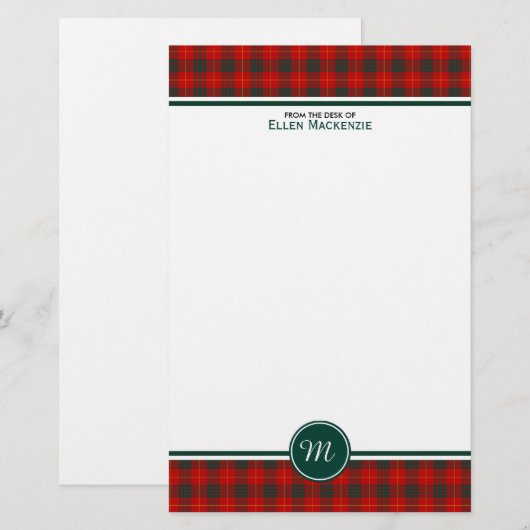Cameron Familie Tartan Rood en Groen Plaid Monogra Briefpapier (Voorkant / Achterkant)