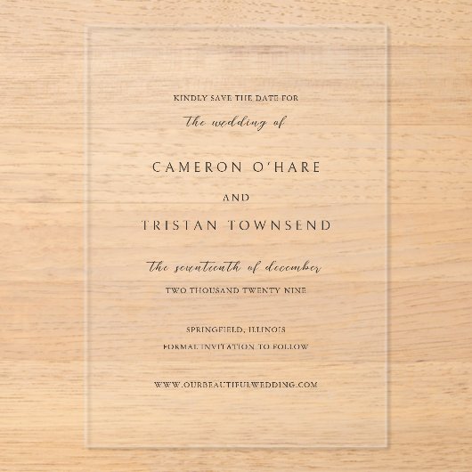 Cameron Simple Modern Wedding Save the Date Acryl Uitnodigingen (Voorkant)