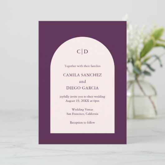 Camia Paarse Arch Modern Wedding Kaart (Staand voorkant)