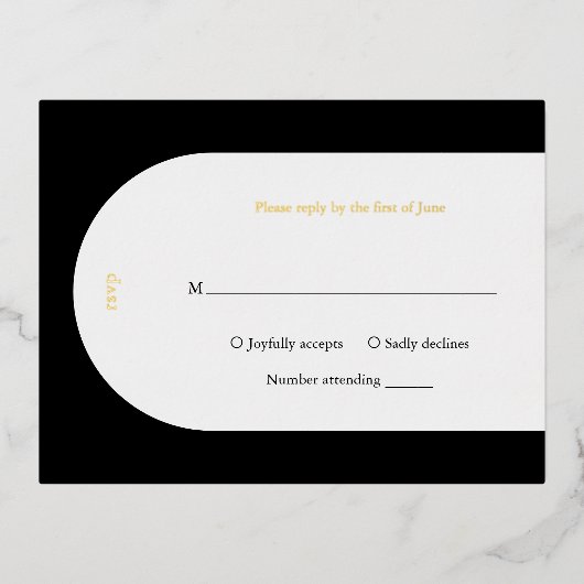 Camila Black Arch Modern Wedding RSVP Folie Uitnodiging Briefkaart (Voorkant)