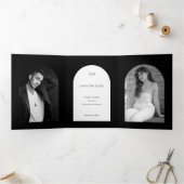 Camila Black Arch Modern Wedding Save the Date Drieluik Aankondiging (Binnen)
