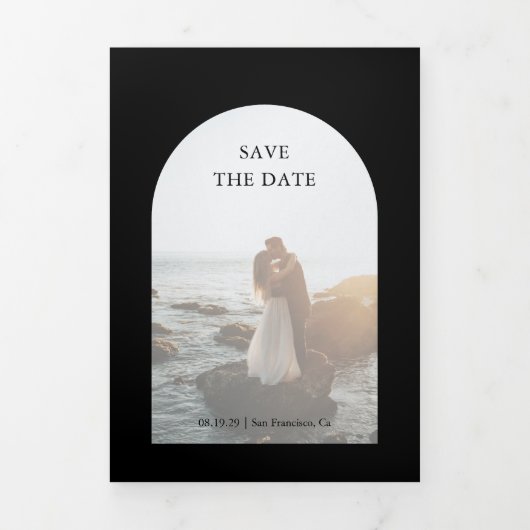 Camila Black Arch Modern Wedding Save the Date Drieluik Aankondiging (Cover)