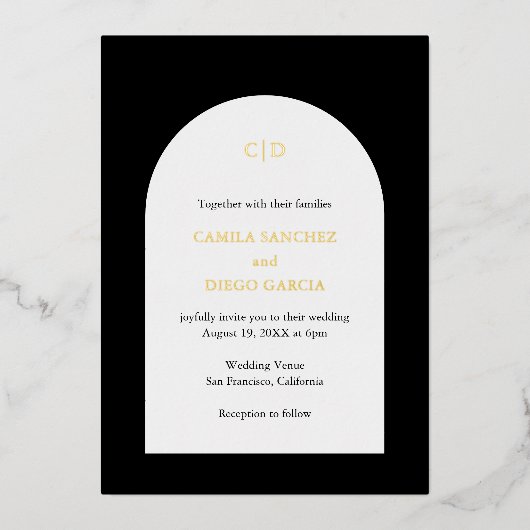 Camila Black Arch Moderne bruiloft Folie Uitnodiging (Voorkant)