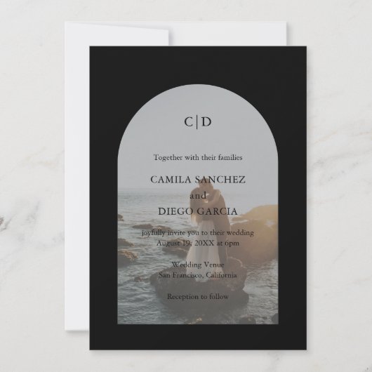 Camila Black Arch Moderne bruiloft Kaart (Voorkant)