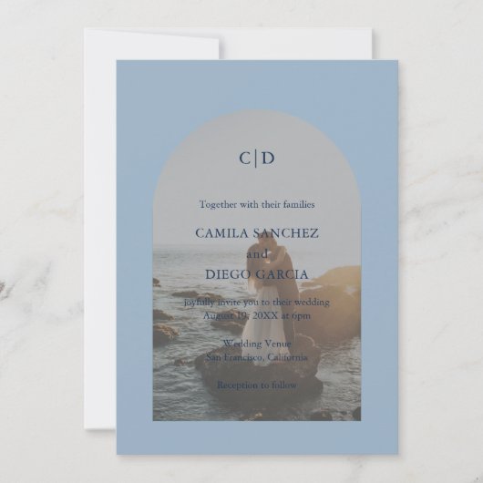 Camila Dusty Blue Arch Modern Wedding Kaart (Voorkant)