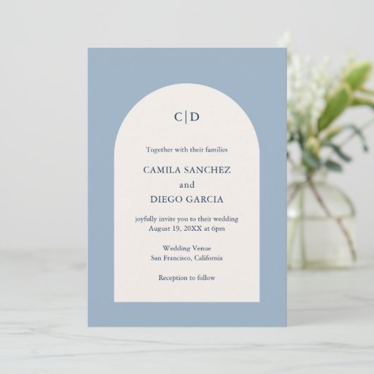 Camila Dusty Blue Arch Modern Wedding Kaart (Staand voorkant)