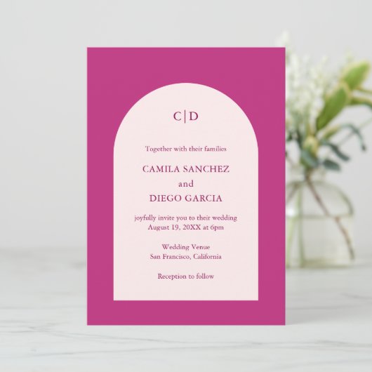 Camila Pink Arch Moderne bruiloft Kaart (Staand voorkant)
