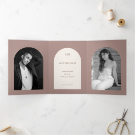 Camila Taupe Arch Modern Wedding Save the Date Drieluik Aankondiging