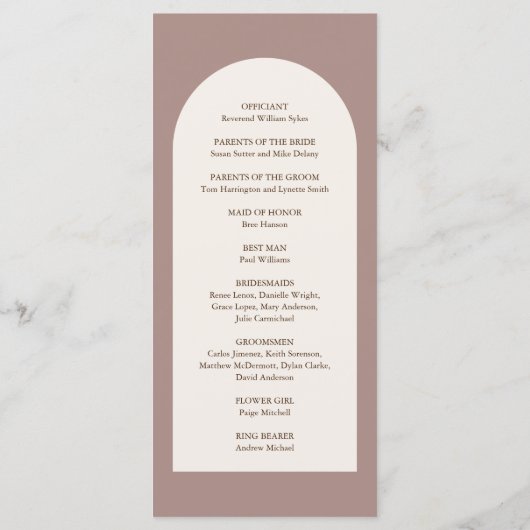 Camila Taupe Arch Moderne bruiloft Programmakaart (Achterkant)