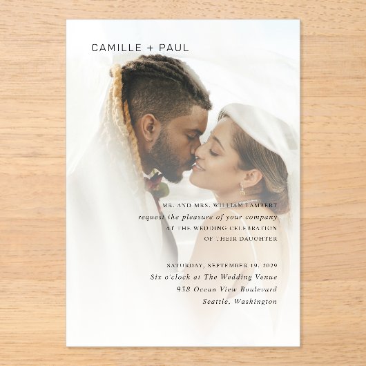 Camille Photo Modern Wedding Acryl Uitnodigingen (Voorkant)