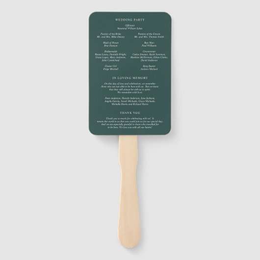 Camille Pine Green Modern huwelijksprogramma Handwaaier (Achterkant)