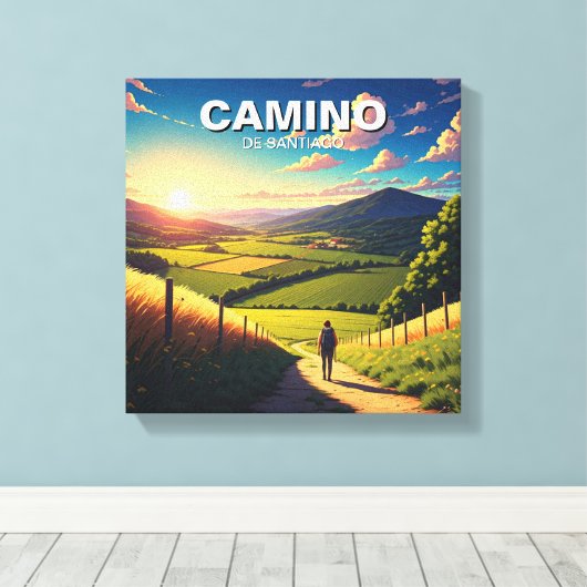 Camino de Santiago Hiker Wandeltocht Zonsondergang Canvas Afdruk (Insitu (Houten vloer))