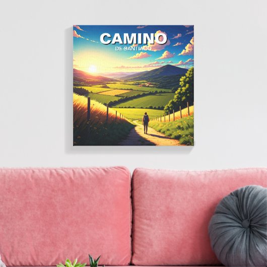 Camino de Santiago Hiker Wandeltocht Zonsondergang Canvas Afdruk (Insitu (Woonkamer))