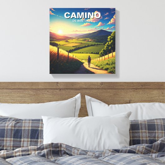 Camino de Santiago Hiker Wandeltocht Zonsondergang Canvas Afdruk (Insitu (Slaapkamer))