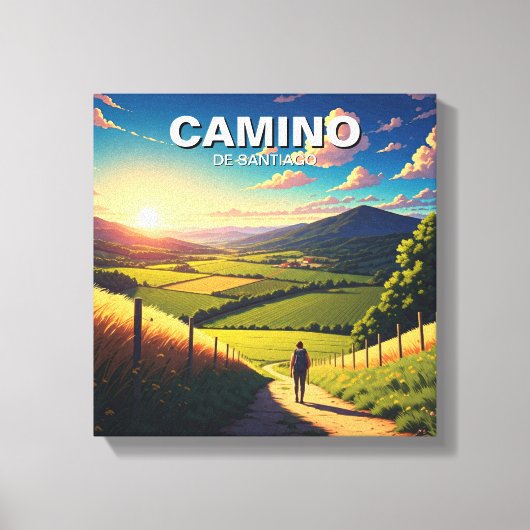 Camino de Santiago Hiker Wandeltocht Zonsondergang Canvas Afdruk (Voorkant)