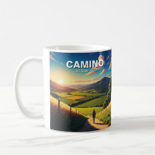 Camino de Santiago Hiker Wandeltocht Zonsondergang Koffiemok