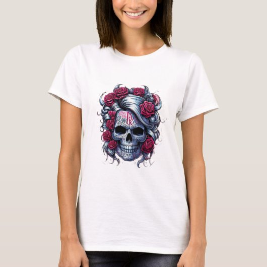 Camiseta blanca de calavera con flores rojas t-shirt (Voorkant)