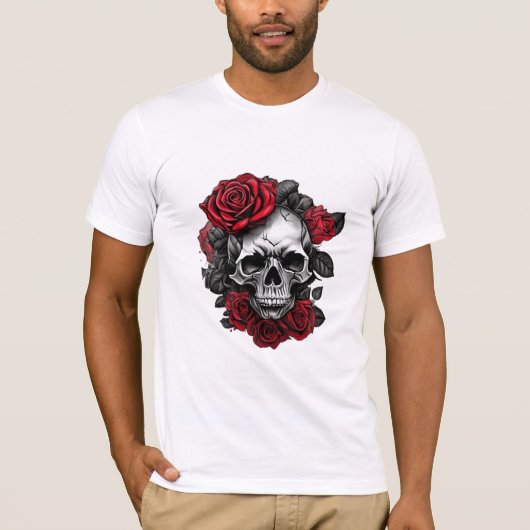 Camiseta Caveira com Rosas Vermelhas – Poder e Ele T-shirt (Voorkant)