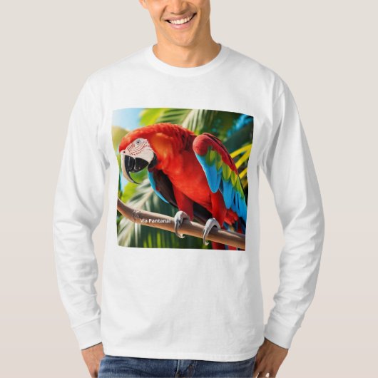 Camiseta Masculina Mangas Longas Arara Vermelha T-shirt (Voorkant)