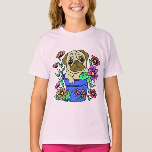 Camiseta Pug Fofo em Vaso de Flores Desenho T-shirt (Voorkant)