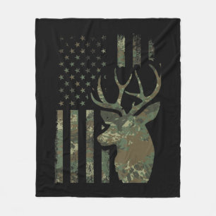 Camo American Flag Buck Hunting Gift for Elk Deer Fleece Deken