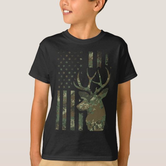 Camo American Flag Buck Hunting Gift for Elk Deer T-shirt (Voorkant)