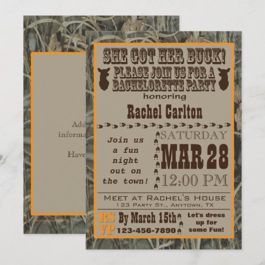 Camo Bachelorette Party Invitation Sinaasappel Kaart (Voorkant / Achterkant)