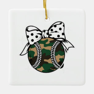 Camo Baseball met Polka Dot Bow Keramisch Ornament