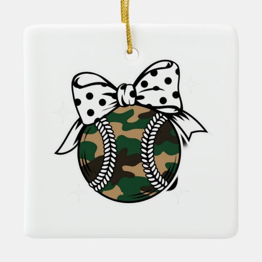 Camo Baseball met Polka Dot Bow Keramisch Ornament (Voorkant)