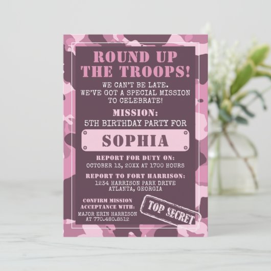 Camo Birthday Party Invitation, Army, Mission Kaart (Staand voorkant)