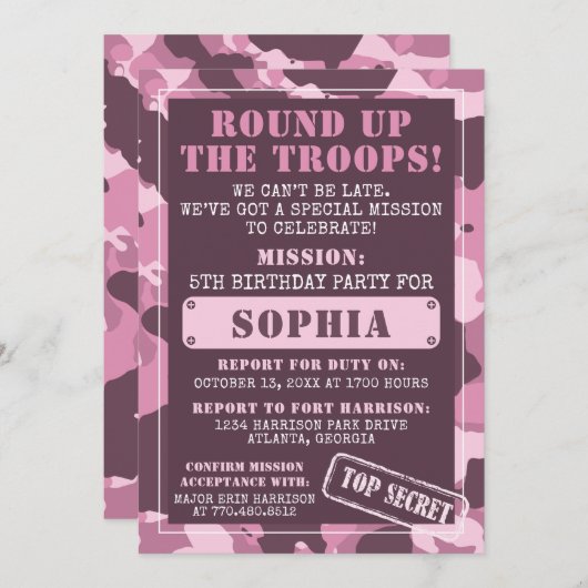 Camo Birthday Party Invitation, Army, Mission Kaart (Voorkant / Achterkant)