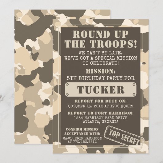 Camo Birthday Party Invitation, Army, Mission Kaart (Voorkant / Achterkant)