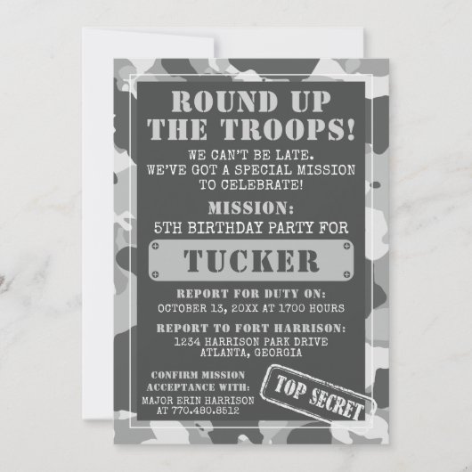 Camo Birthday Party Invitation, Army, Mission Kaart (Voorkant)