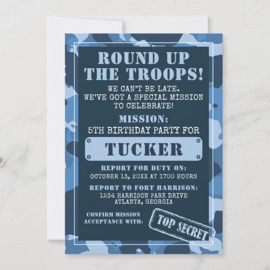 Camo Birthday Party Invitation, Army, Mission Kaart (Voorkant)