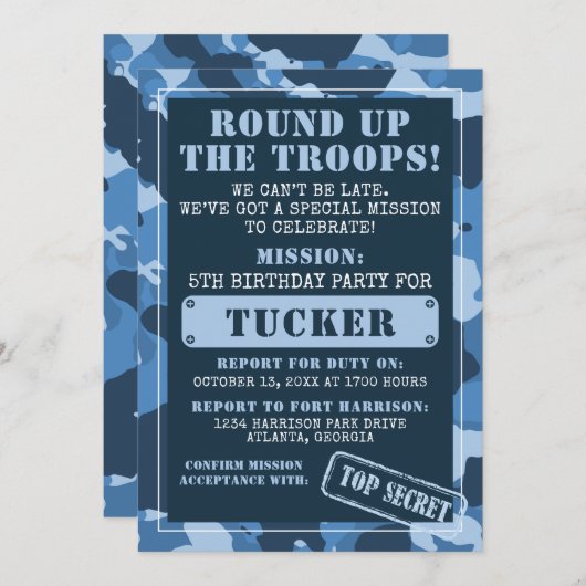 Camo Birthday Party Invitation, Army, Mission Kaart (Voorkant / Achterkant)