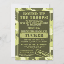 Camo Birthday Party Invitation, Army, Mission