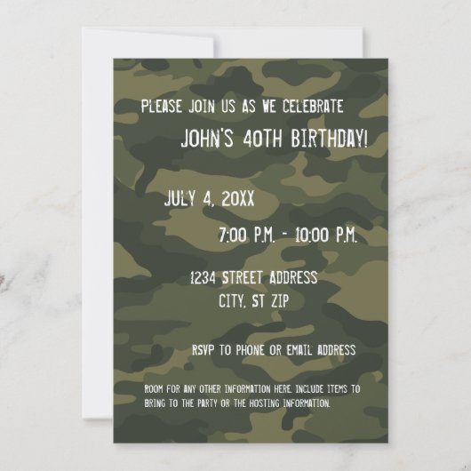 Camo Birthday Party Invitation Kaart (Voorkant)
