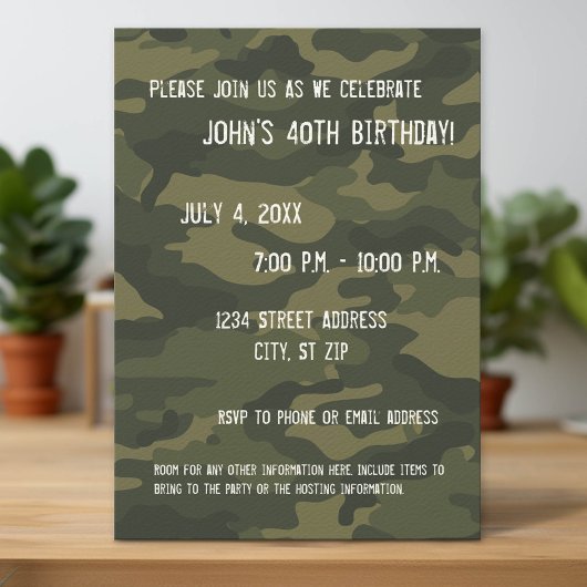Camo Birthday Party Invitation Kaart