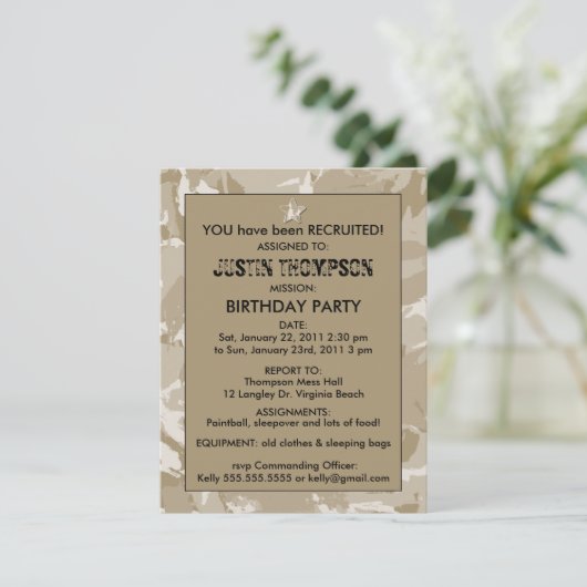 Camo Birthday Party Invititation Kaart (Staand voorkant)