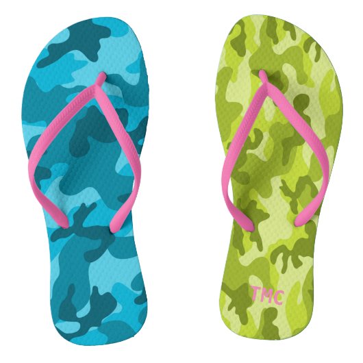 Camo Blauw Groen Roze Monogram INITIALEN Zomer Fun Teenslippers (Voetbed)