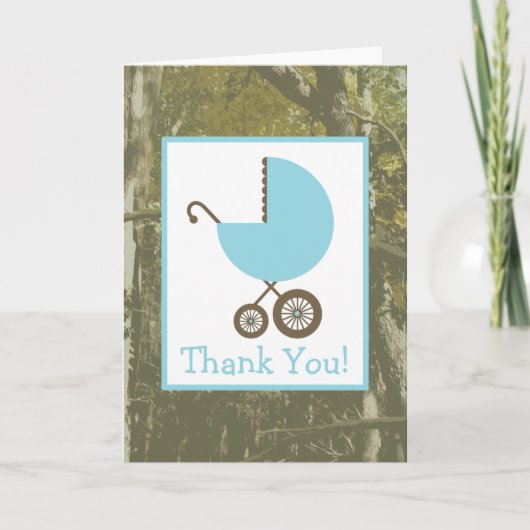 Camo & Blue Carriage Baby shower Bedankt (Voorkant)