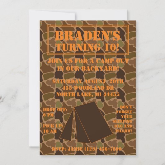 Camo Camouflage Backyard Campout Birthday Invite Kaart (Voorkant)