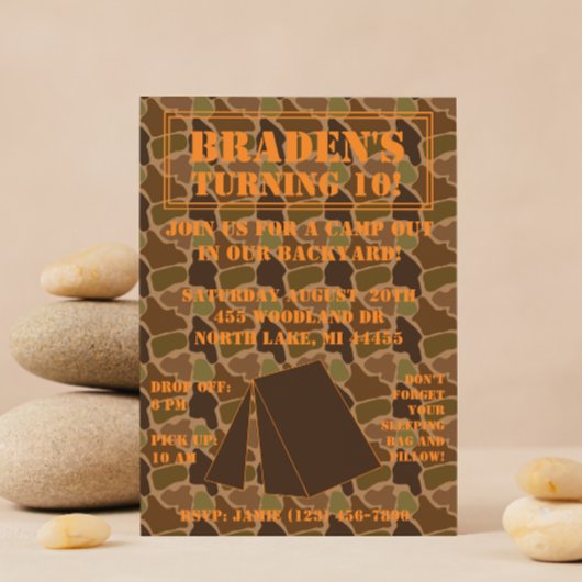 Camo Camouflage Backyard Campout Birthday Invite Kaart