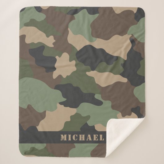 Camo Camouflage Militair Khaki Groen Tan Monogram Sherpa Deken (Voorkant)