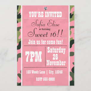 Camo Camouflage & Pink Birthday Party Invitation Kaart