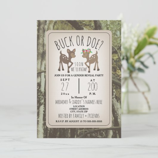 Camo Deer Buck of Doe Baby Gender Reopenbaarheidsp Kaart (Staand voorkant)