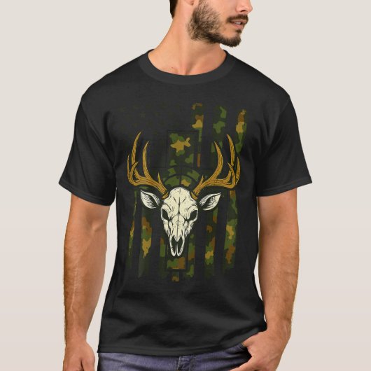 Camo Deer Hunting Elk Skull American Flag Youth Bo T-shirt (Voorkant)