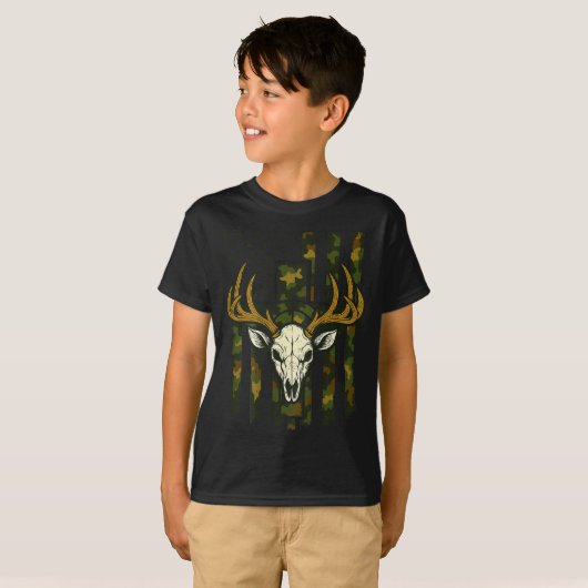 Camo Deer Hunting Elk Skull American Flag Youth Bo T-shirt (Voorkant volledig)