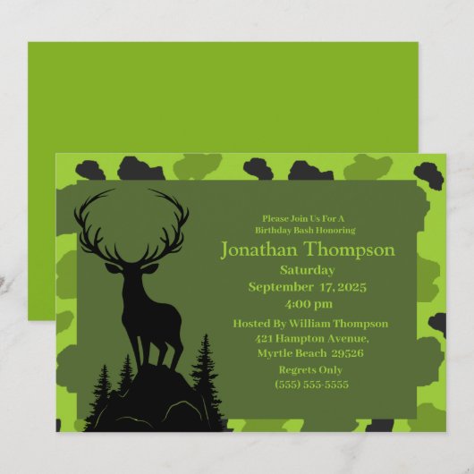 Camo Deer on the Hill Birthday Invitation Kaart (Voorkant / Achterkant)