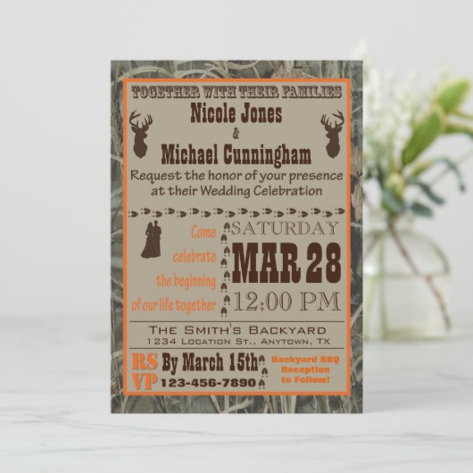 Camo en Hunting Burnt Oranje Wedding Invitation Kaart (Staand voorkant)